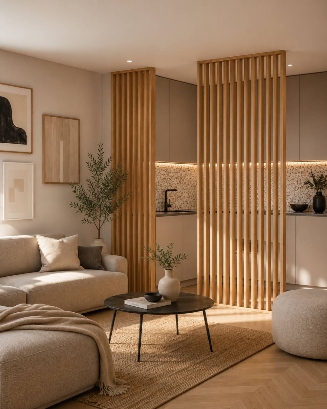 Separador de ambientes / pared de lamas 580 x 2750 x 65 mm Roble natural