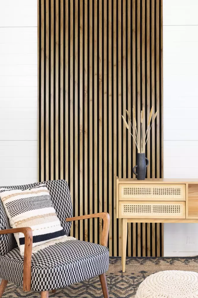 Akustikpaneel 2400 x 600 mm Wildeiche - Akustikfilz  Schwarz - Wandverkleidung