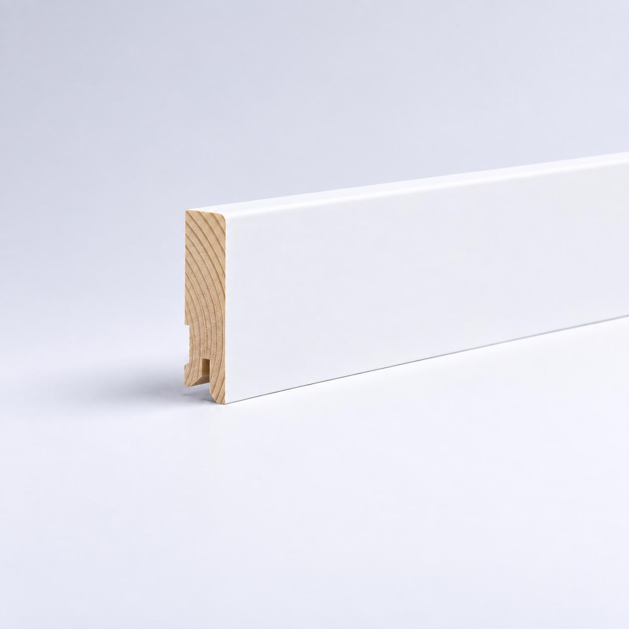 Plinthe en bois véritable avec arrondi bord avant 60 x 15 mm R3 opaque blanc laqué RAL 9016