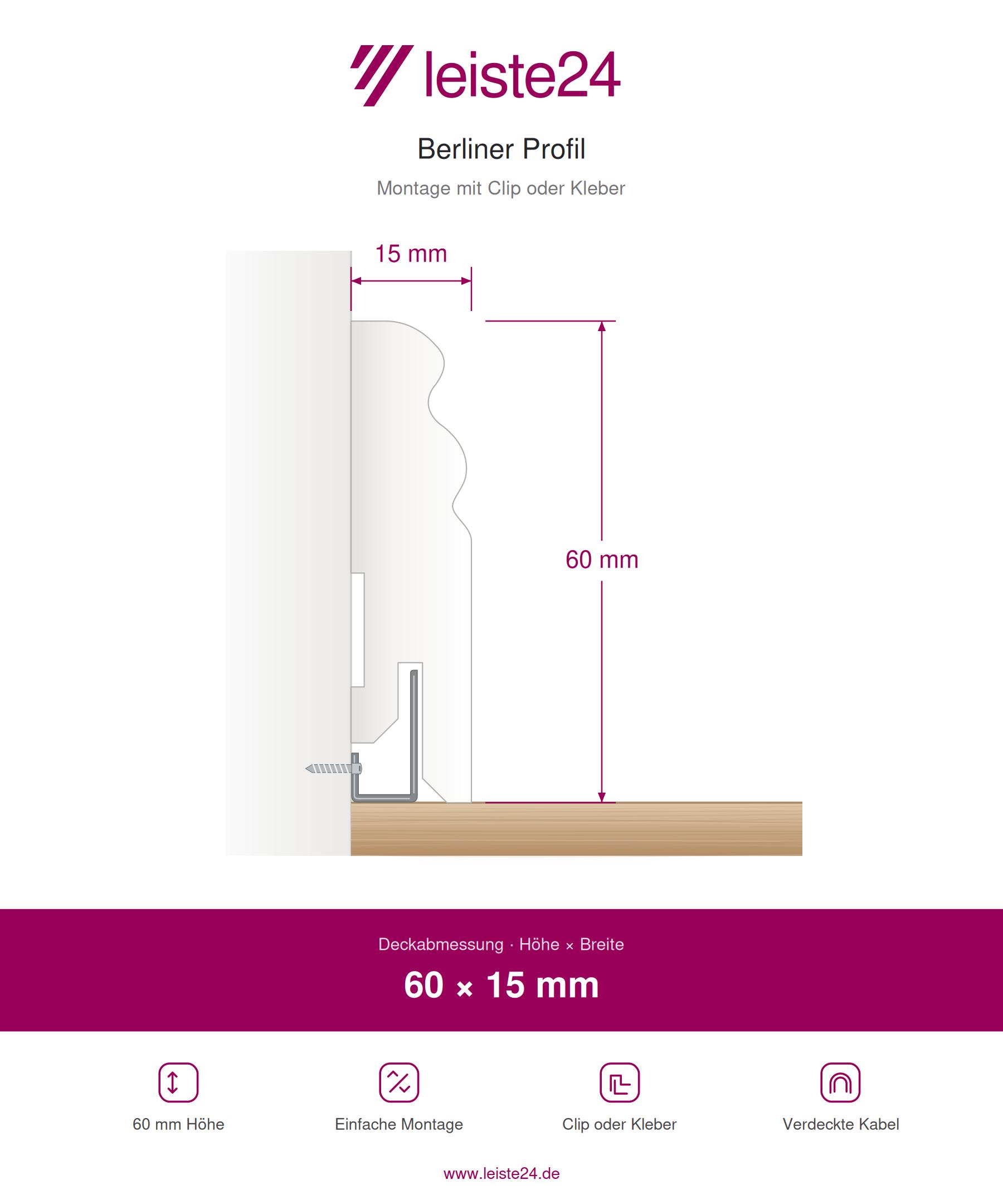 Plinthe en bois véritable profil Berlin 60 x 15 mm opaque blanc laqué RAL 9010