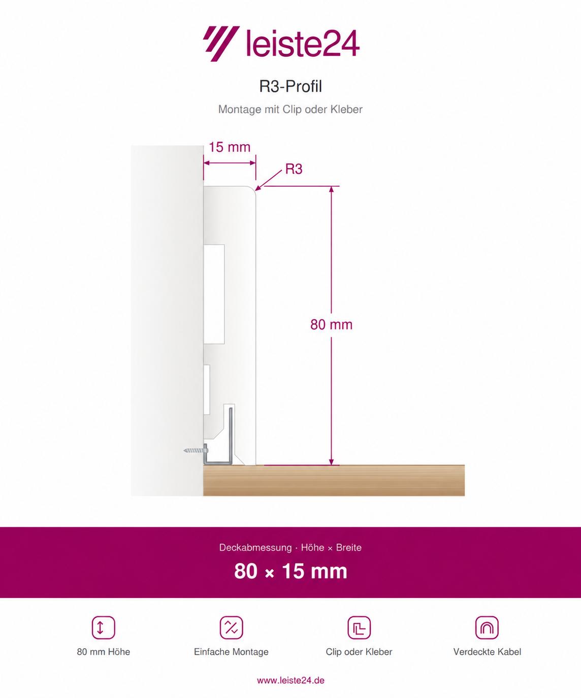 Plinthe en bois véritable avec à bord biseauté 80 x 15 mm R3 opaque blanc laqué RAL 9016