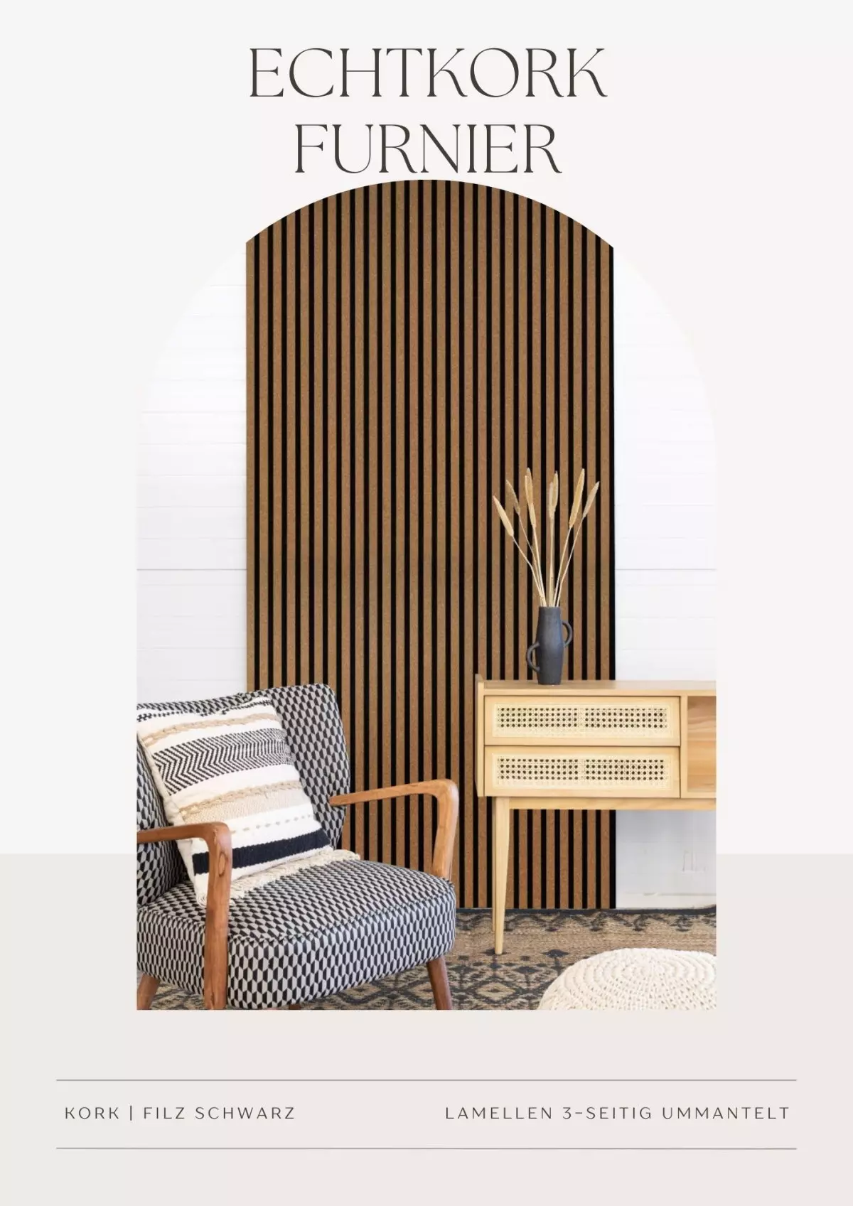 Premium Akustikpaneel 2600 x 400 mm Kork fein - Akustikfilz Schwarz - Wandverkleidung