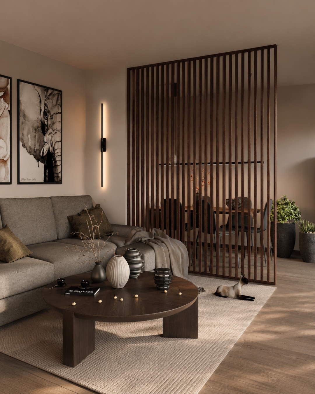 Separador de ambientes / pared de lamas 580 x 2750 x 65 mm Roble oscuro