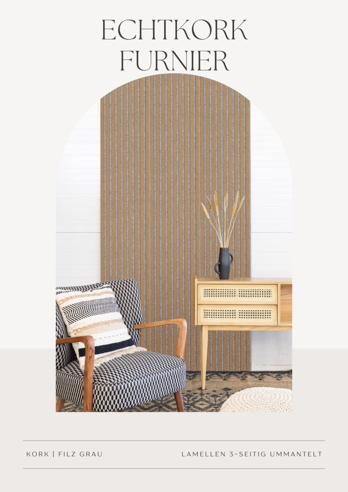 Acoustic+ Premium Akustikpaneel Kork Fein 2400 x 600 mm - Akustikfilz Grau