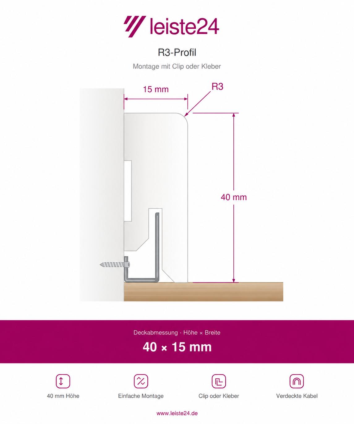 Plinthe en bois véritable avec arrondi bord avant 40x15 mm opaque blanc laqué RAL 9016