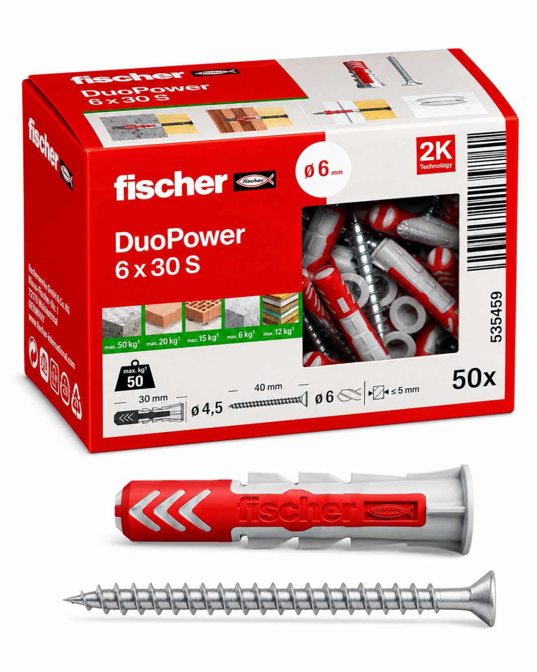 Set de fijación profesional 6x30 S - tacos fischer DuoPower & tornillos (50 uds.)