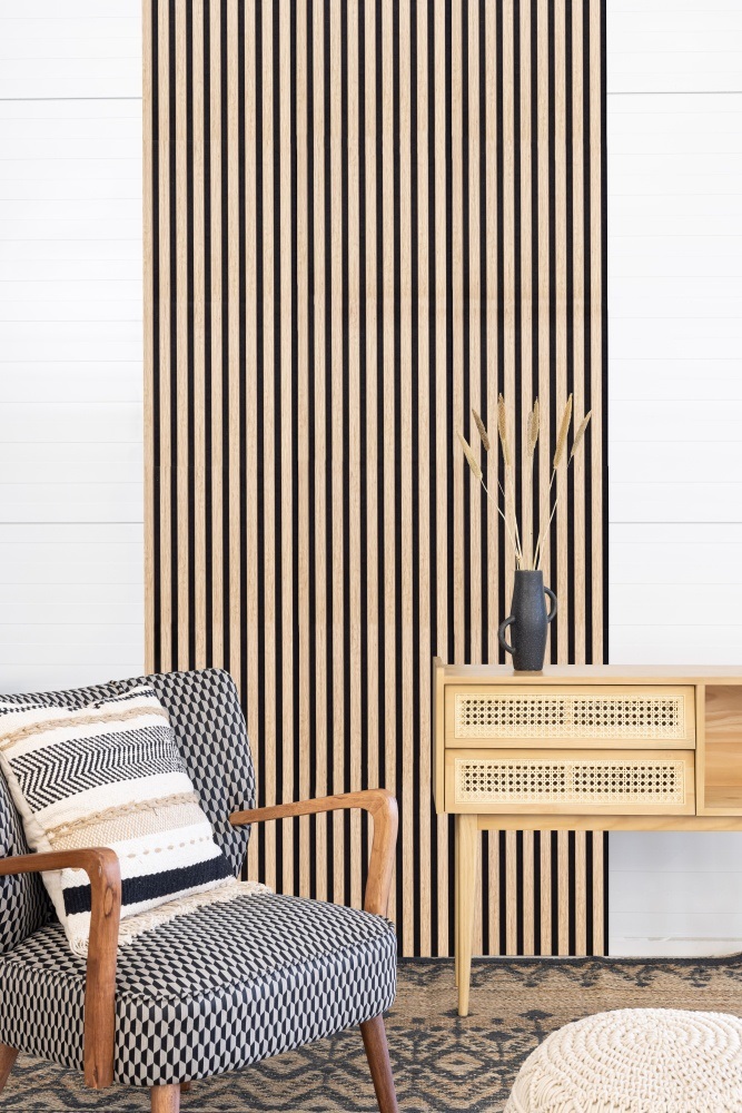 Acoustic+ Akustikpaneel Eiche Natur 2600 x 400 mm - Akustikfilz Schwarz