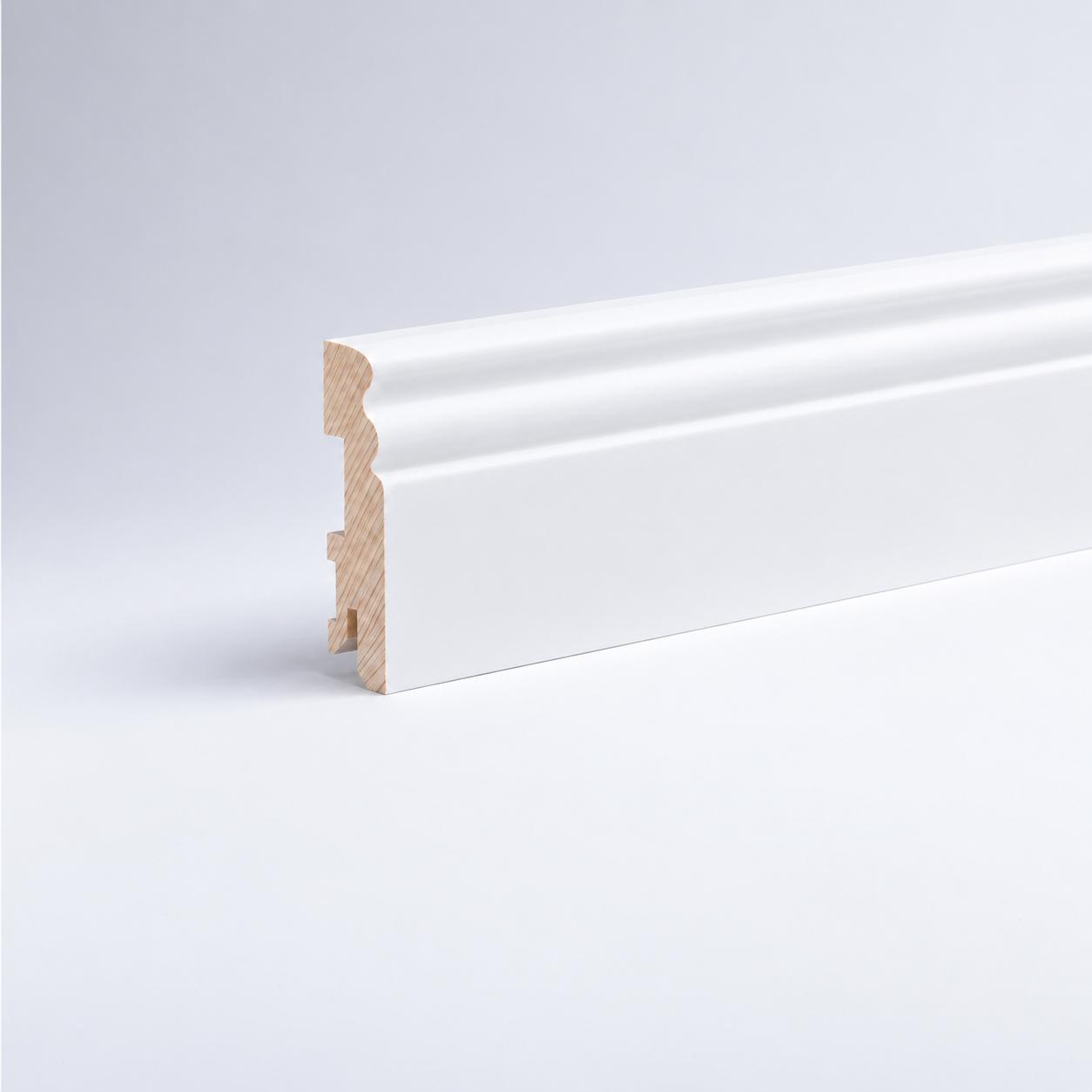 Plinthe en bois véritable profil Berlin 80 x 15 mm opaque blanc laqué RAL 9010