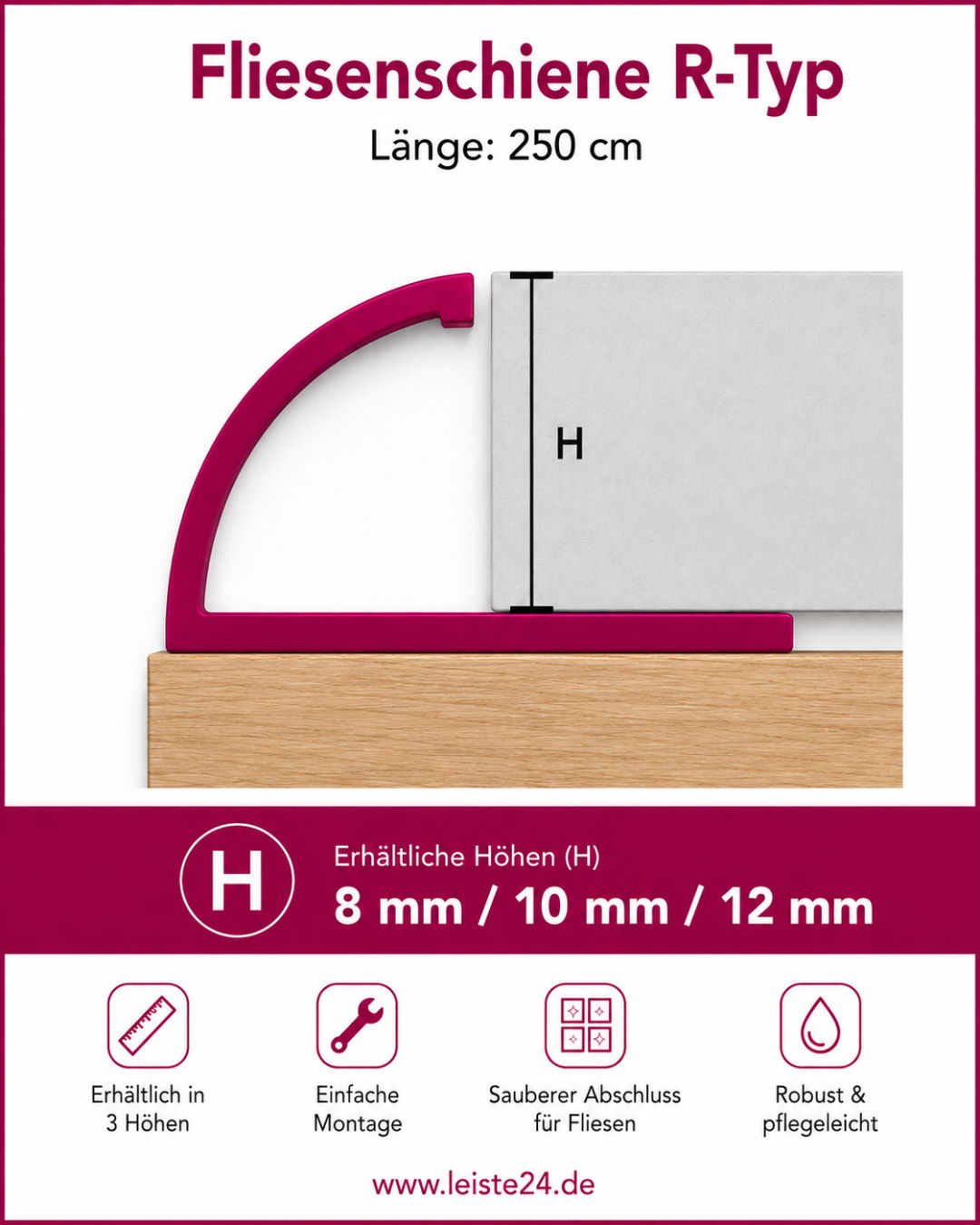 Perfil de cuarto de círculo de aluminio «tipo R» 8 mm - plata
